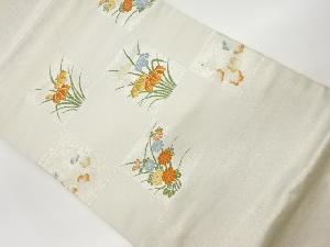 リサイクル　市松に花模様織出し開き名古屋帯（額縁仕立て）